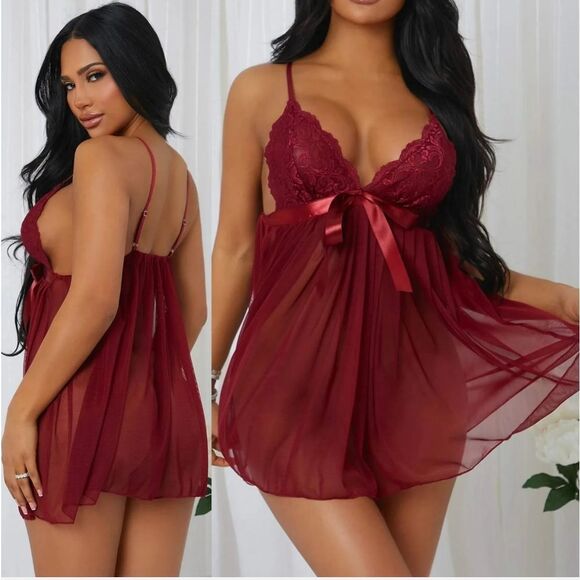 Mesh Dress with Thong Plus Size Sexy Lingerie Set Christmas Babydoll Chemise US - Picture 2 of 5